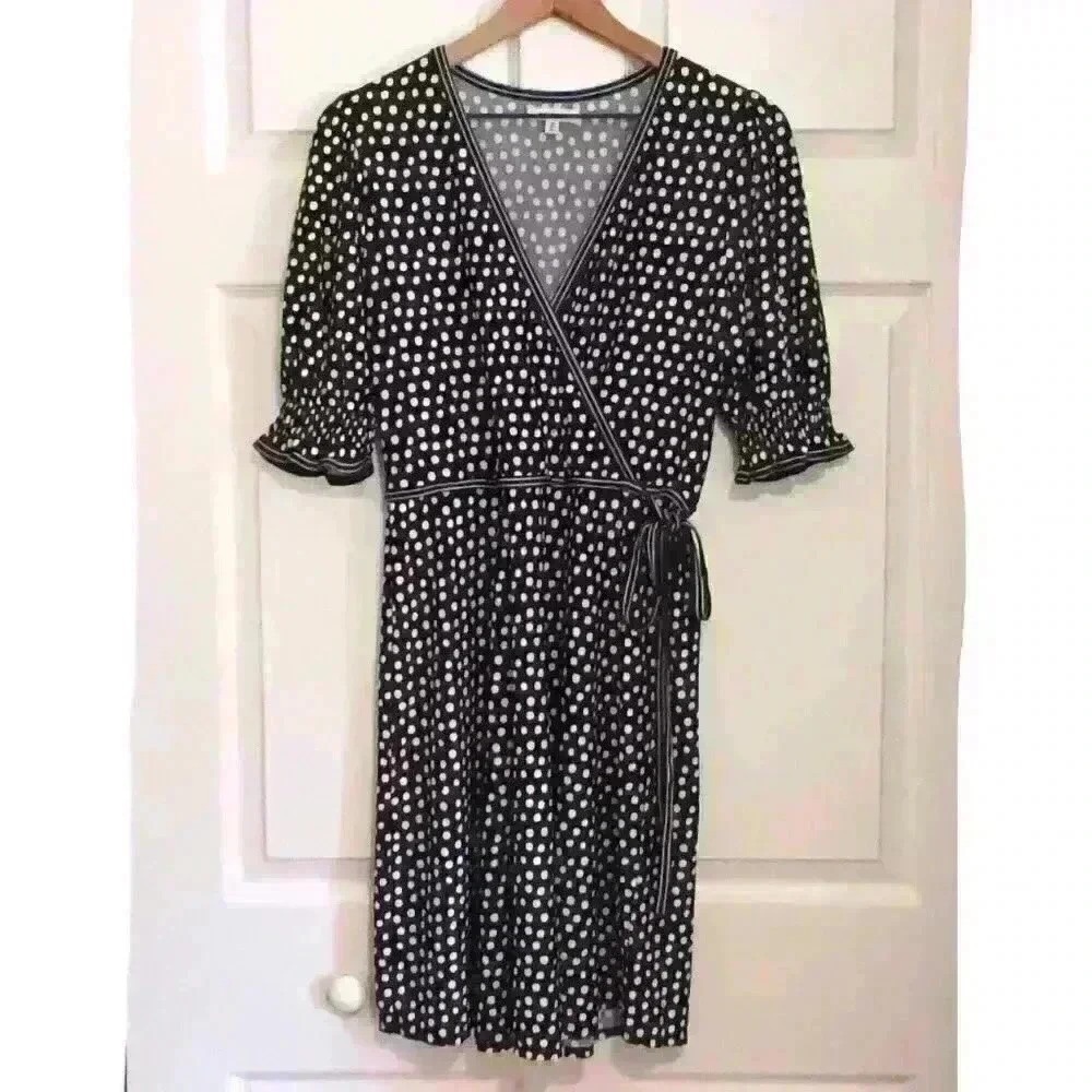 Max Studio Women Wrap Midi Dress Black White Polka Dot Size M Retro Pinup Summer